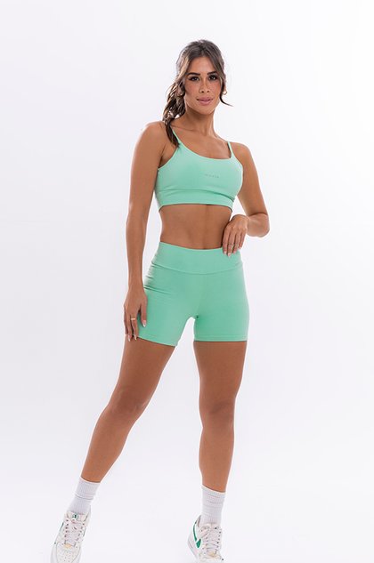 Conjunto Fitness Feminino Verde Água com Top de Alça Fina e Short de Cintura Alta (Movie Fitness)