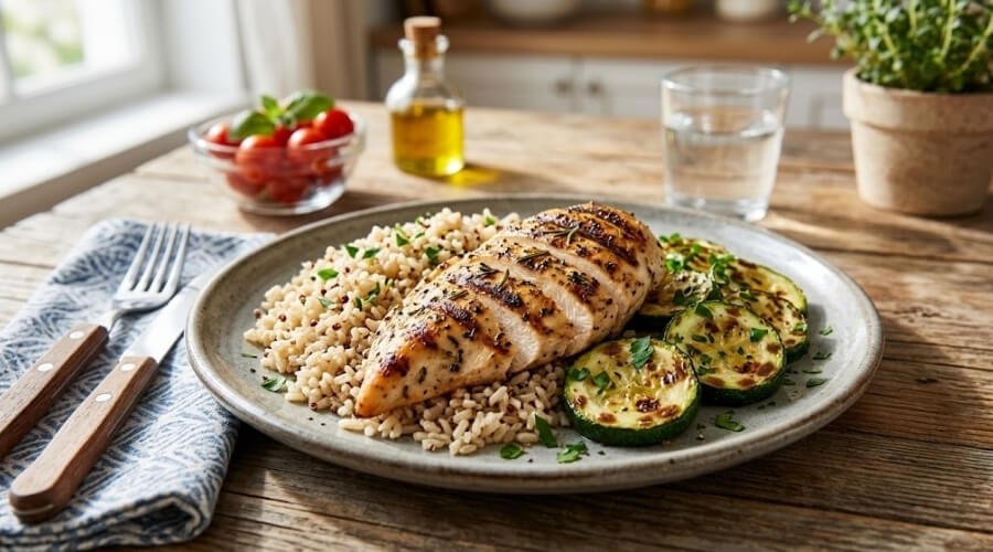 Frango Grelhado com Arroz Integral e Abobrinha