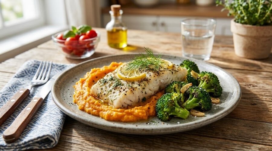 Peixe Assado com Purê de Batata Doce e Brócolis