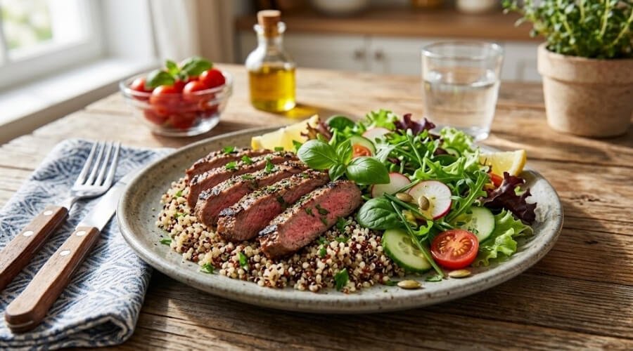 Carne Magra com Quinoa e Salada de Folhas