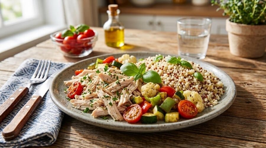 Frango Desfiado com Cuscuz e Legumes