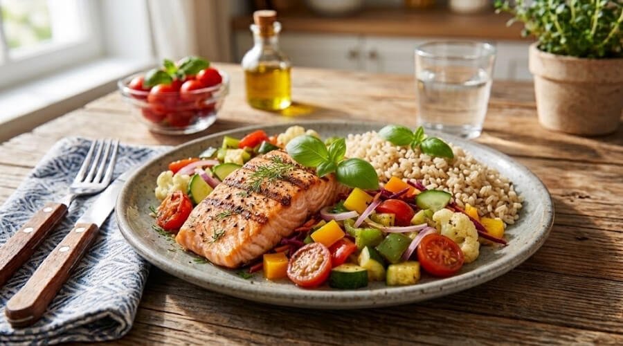 Salmão Grelhado com Arroz Integral e Salada