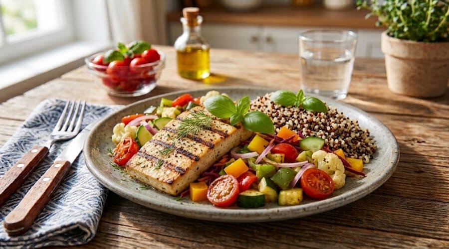 Tofu Grelhado com Legumes Assados e Quinoa
