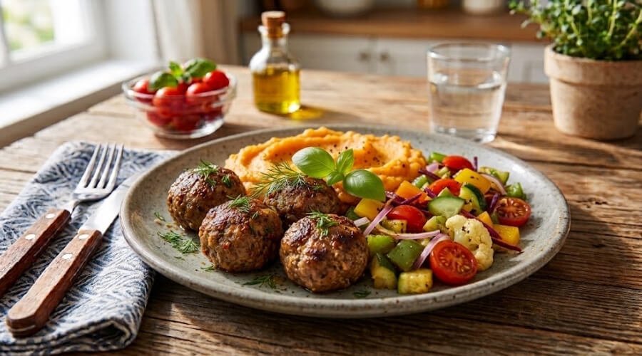Almôndegas de Patinho com Purê e Legumes
