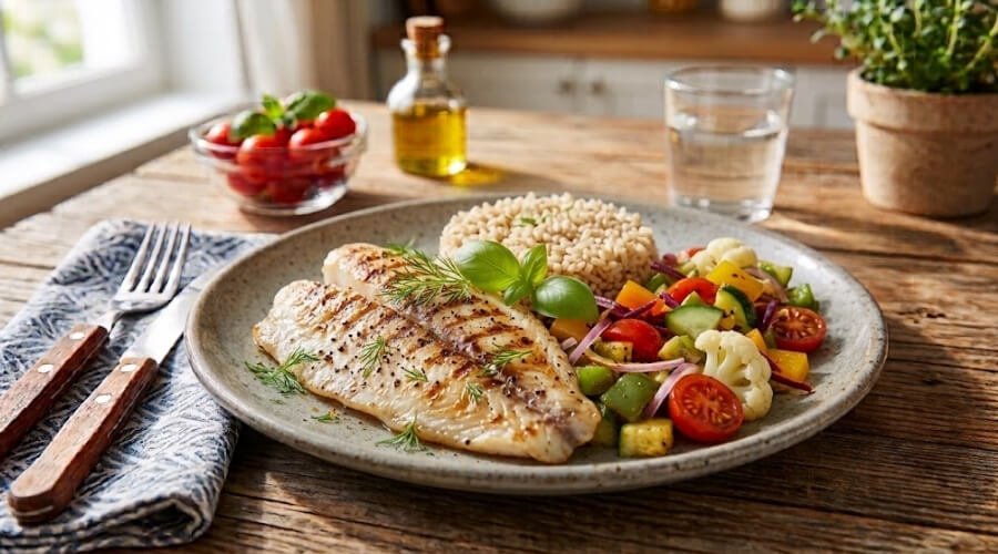 Tilápia Grelhada com Arroz Integral e Legumes no Vapor
