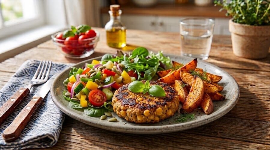 Hambúrguer Grão de Bico com Salada e Batatas